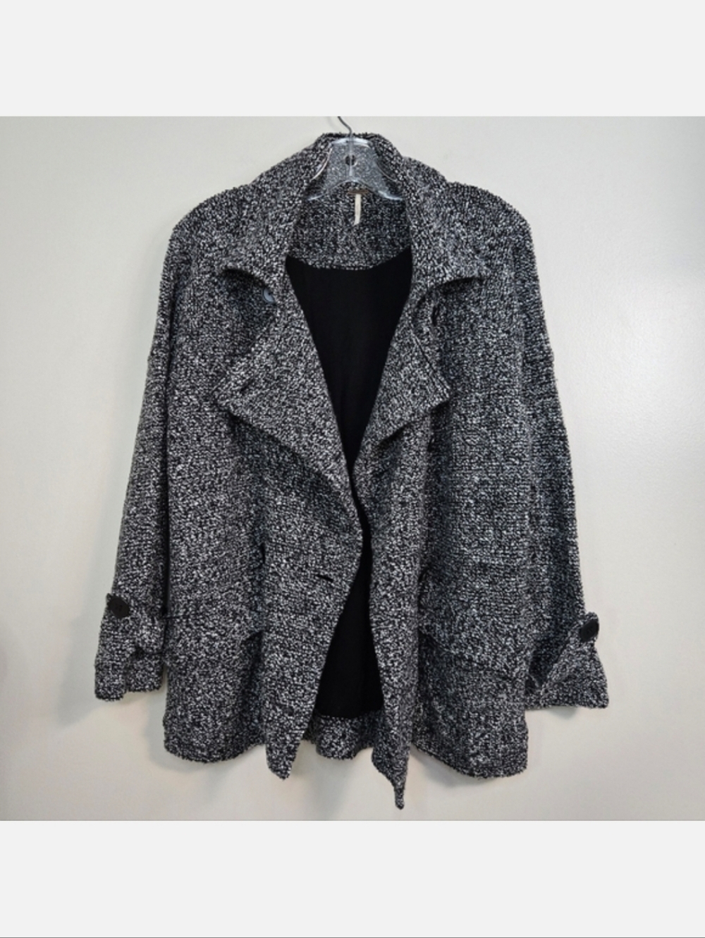Free People Black & White Marled Double Breasted Sweater Coat, Size S ~ EUC